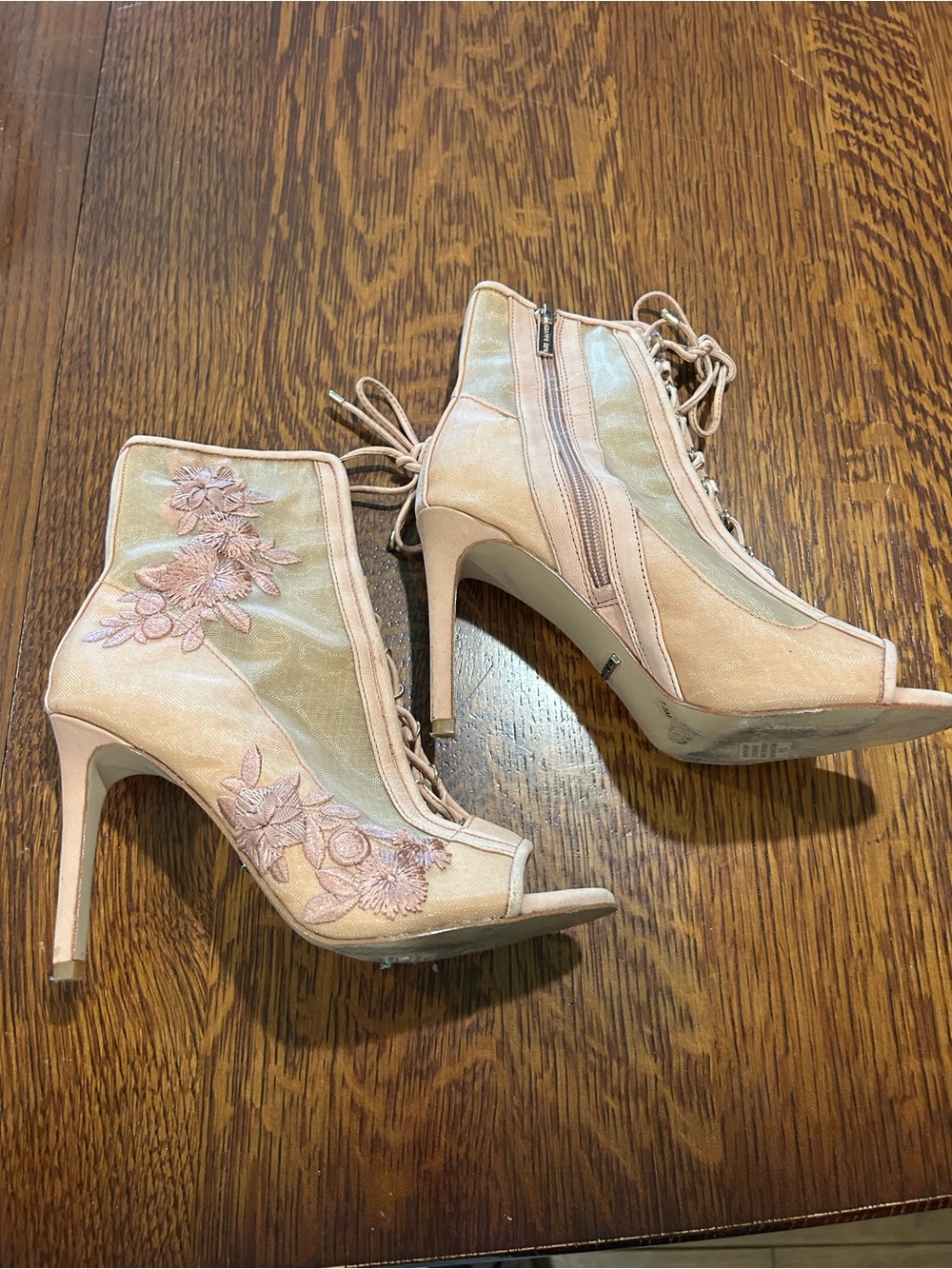 Stuart Weitzman Blush Pink Floral Embroidered Lace-Up Ankle Heels